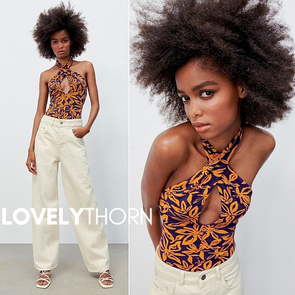ZARA // purple orange floral jacquard knit keyhole cross halter strap bodysuit